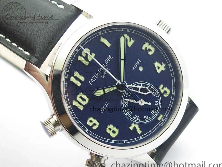 MIROTIME 0122 Practical Calatrava 5524 Pilot Travel Time SS GRF Blue Dial on Black Leather Strap A324 V 7107